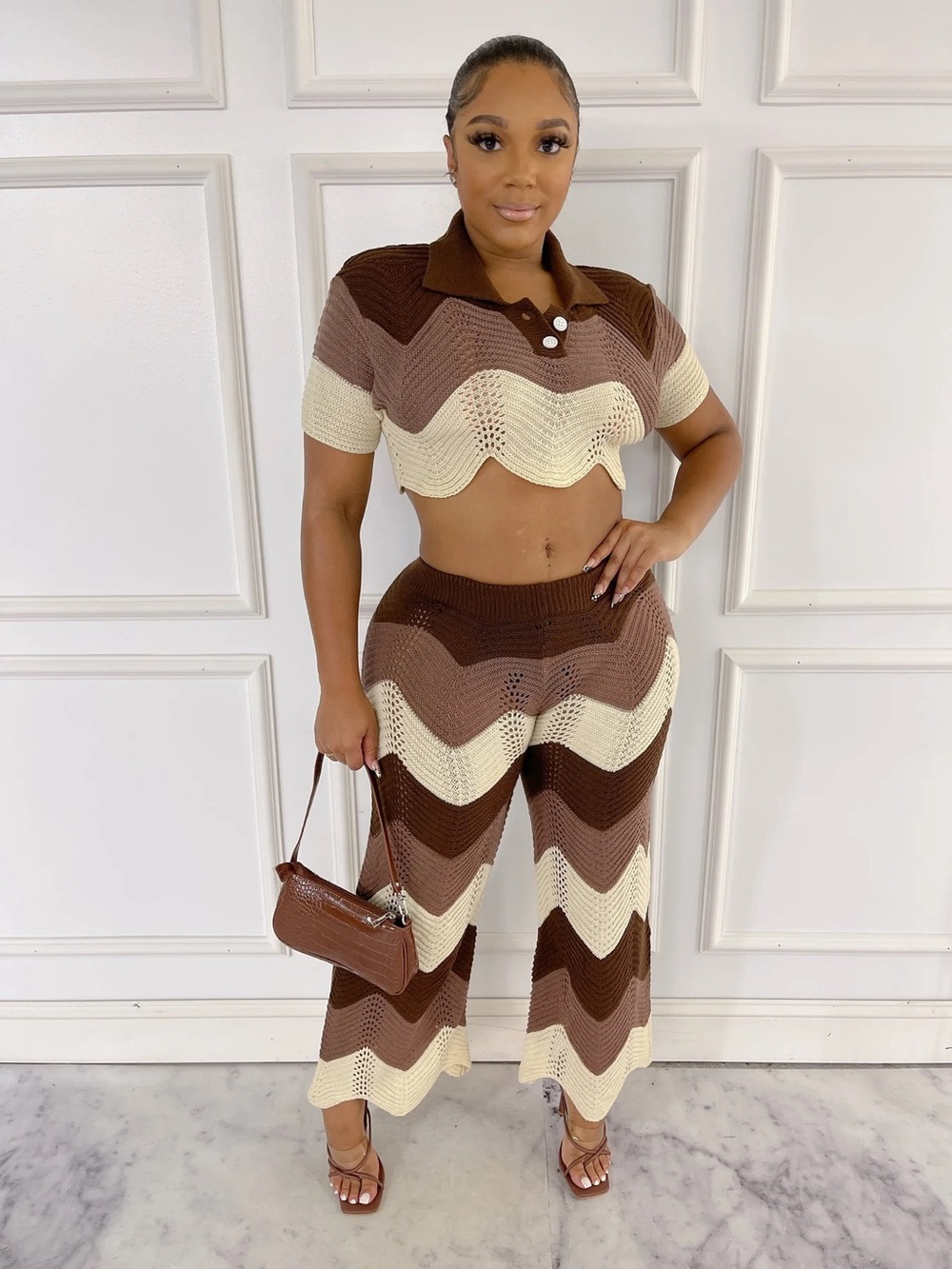 Chevron Knit Wide Leg Pants Set - Brown & Cream